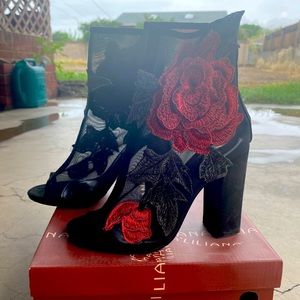 Black mesh open toe heels